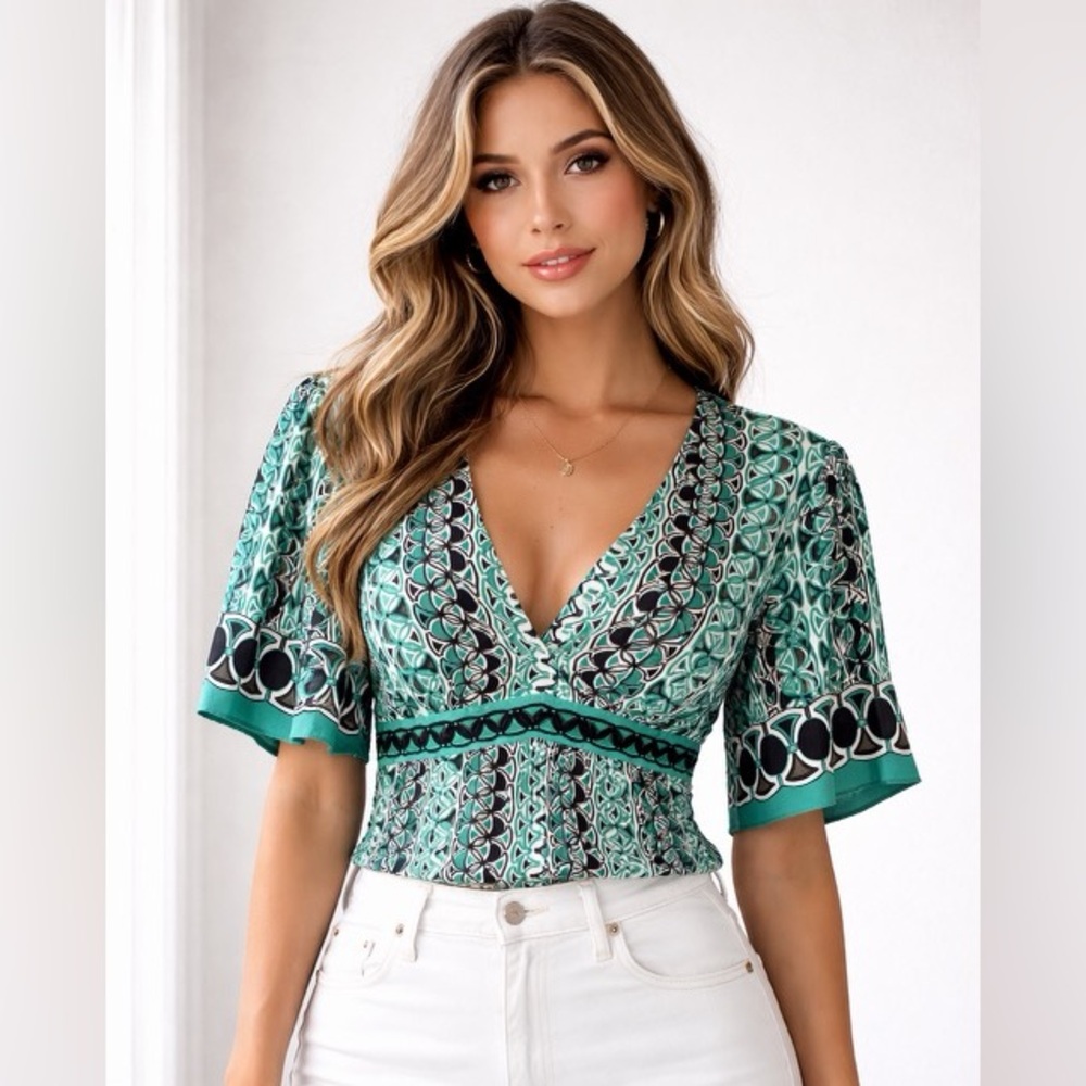 Elie Tahari Women’s Blouse Short Sleeve Green Brown Geometric Print- Size L